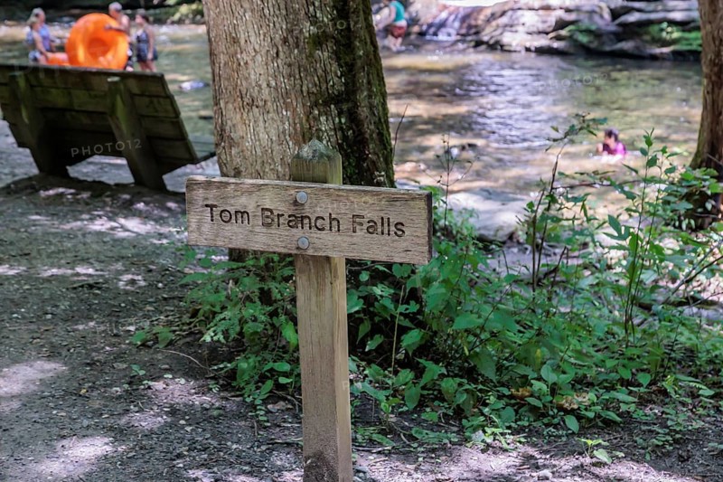 Sign at Tom Branch Falls along Deep Creek in the Smoky Mountains near Bryson City, North Carolina, USA