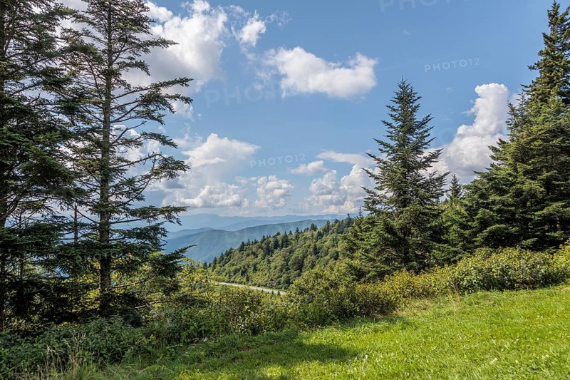 Smoky haze over the foliage on the mountainsides along the Blue Ridge Parkway in the Smoky Mountains near Cherokee, North Carolina, USA