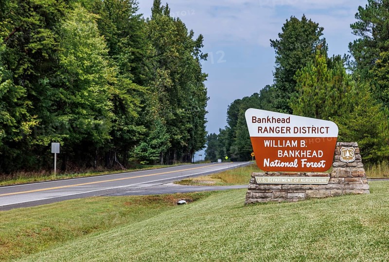 Sign for the Bankhead Ranger District office of the William B. Bankhead National Forest along highway 33 near Double Springs, Alabama
