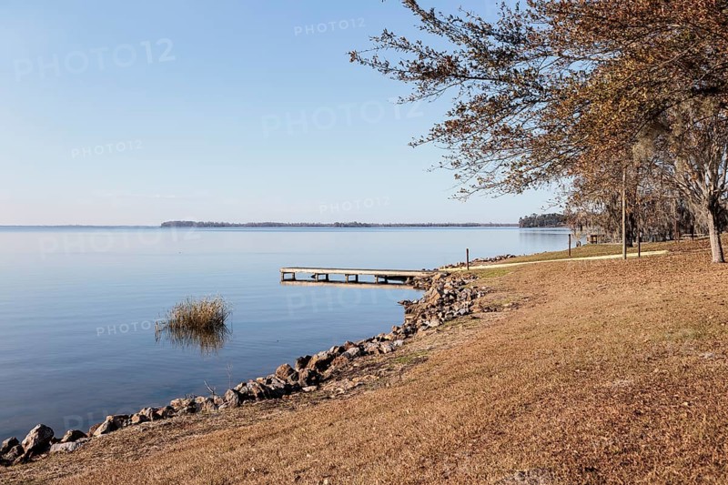 Small wooden dock and boat ramp on Lake Seminole at the Corps of Engineers Eastbank Campground near the Florida state line in Georgia