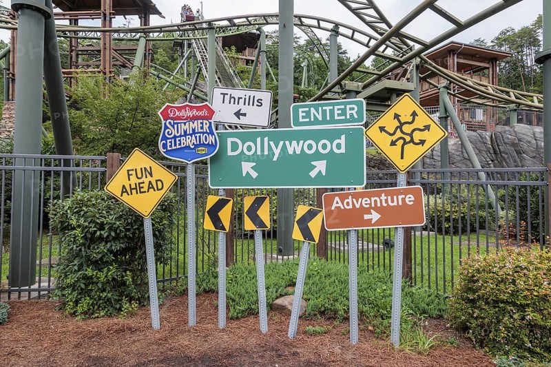 Road sign display for the Summer Celebration in the Dollywood amusement park in Pigeon Forge, TN