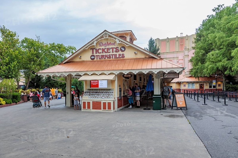 Ticket booth at the entrance to Dollywood amusement park in Pigeon Forge, TN