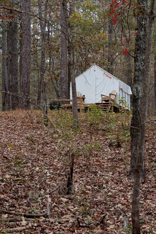 Tentrr glamping tent on a raised platform with a wooden porch at Clarko State Park near Quitman, Mississippi, USA