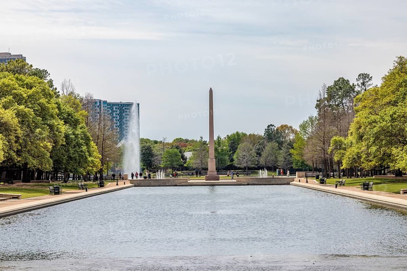Pioneer Memorial Obelisk at the end of the Mary Gibbs and Jesse H. Jones Reflection Pool at Hermann Park in downtown Houston, Texas