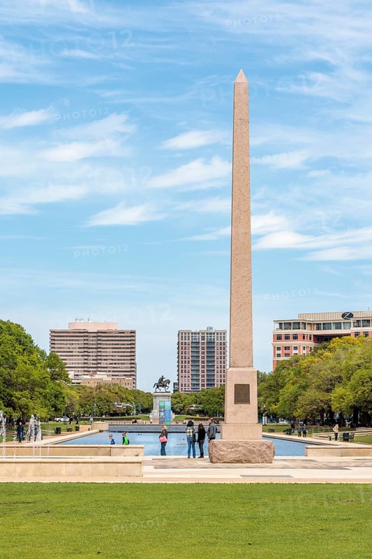 Pioneer Memorial Obelisk and the Molly Ann Smith Plaza at the end of the Mary Gibbs and Jesse H. Jones Reflection Pool at Hermann Park in downtown Houston, Texas
