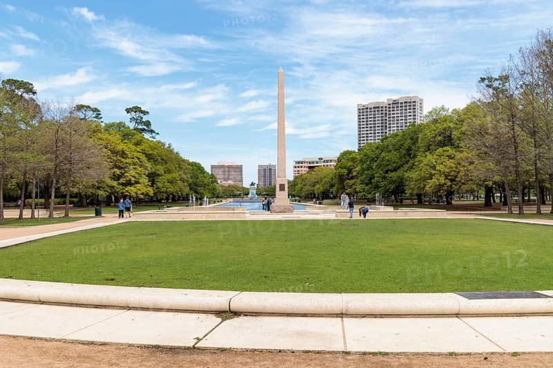 Pioneer Memorial Obelisk and the Molly Ann Smith Plaza at the end of the Mary Gibbs and Jesse H. Jones Reflection Pool at Hermann Park in downtown Houston, Texas