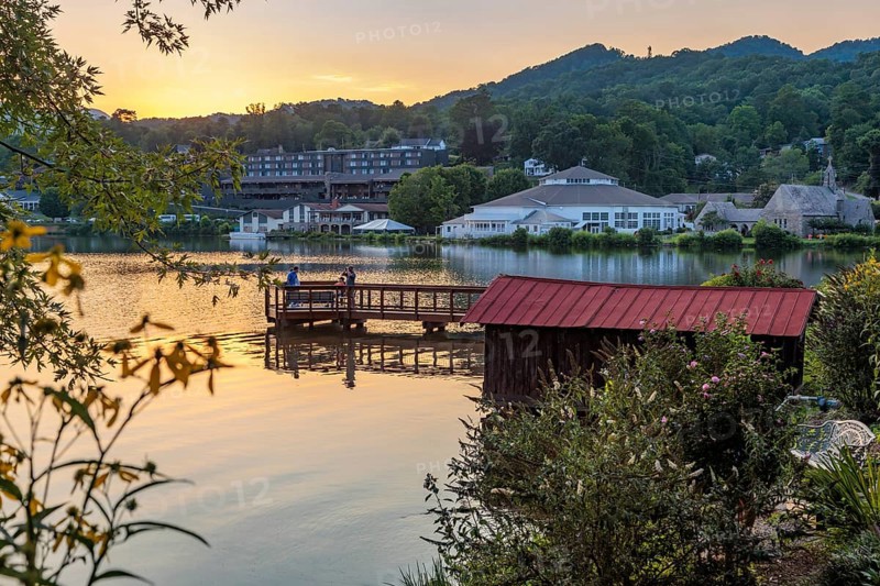 Men on the Lake Junaluska Meditation and Fishing pier at sunset in Lake Junaluska, North Carolina
