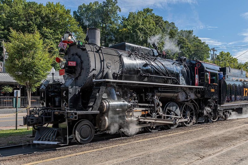 Great Smoky Mountains Railroad steam engine 1702 preparing for an excursion from Bryson City, North Carolina