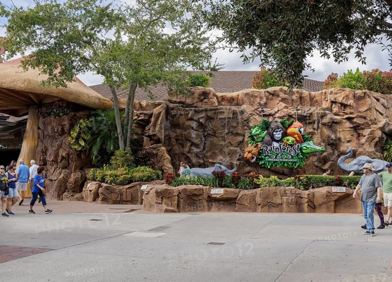 Sign for the Rainforest Cafe theme restaurant in Disney Springs at Disney World in Orlando, Florida, USA