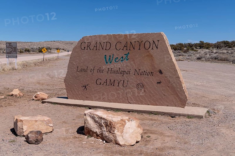 Entrance sign wlecoms visitors to Grand Canyon West near Peach Springs, Arizona