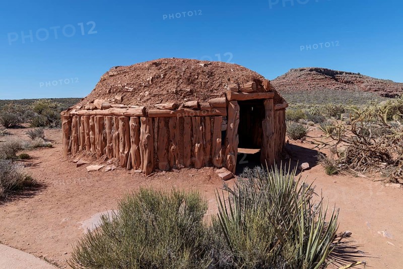Navajo hogan exhibit teaches guests about native American culture at Grand Canyon West near Peach Springs, Arizona