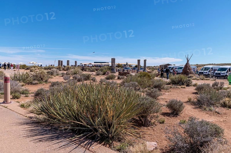Natural vegetation and Native American cultural exhibits at the Eagle Point area of Grand Canyon West near Peach Springs, Arizona