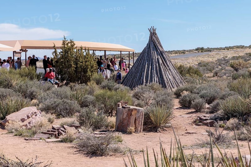 Native American cultural exhibits near the covered bus boarding area at the Eagle Point area of Grand Canyon West near Peach Springs, Arizona