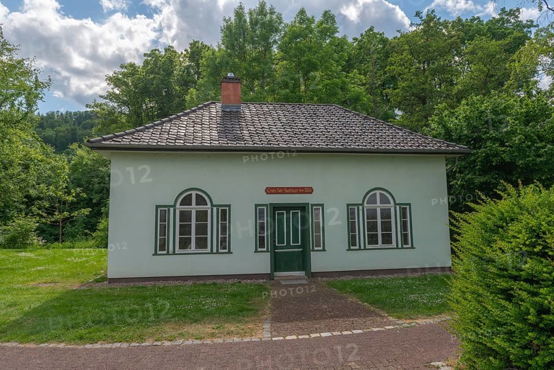First brine bathhouse from 1818 for miners' employees, 1000 years of salt extraction in Bad Sooden, Allendorf, Bad Sooden district, town history, graduation house, white gold, brine, historical wealth, Werra-Meissner district, Hesse, Germany