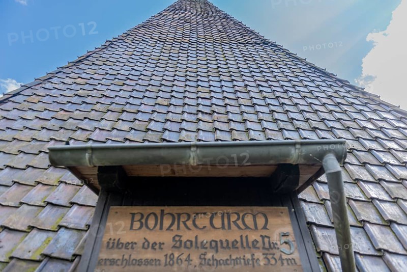 Drilling tower from 1864 for the development of a brine spring, 1000 years of salt extraction in Bad Sooden, Allendorf, district of Bad Sooden, shaft depth 334m, salt extraction, town history, graduation tower, white gold, brine, historical wealth, salt production process, Werra-Meissner district, Hesse, Germany