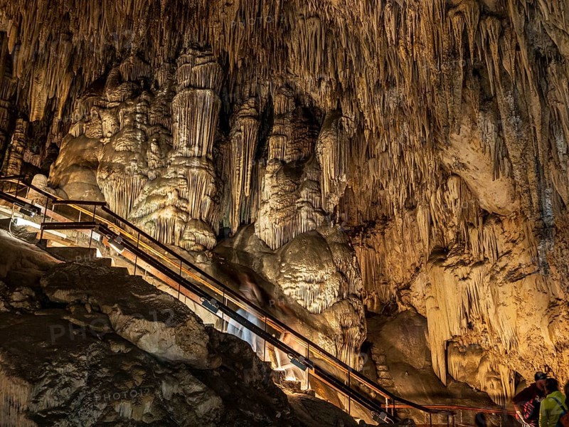 Cueva de Nerja, illuminated cave, large stalagmites and stalagtites, Nerja, Andalusia, Spain