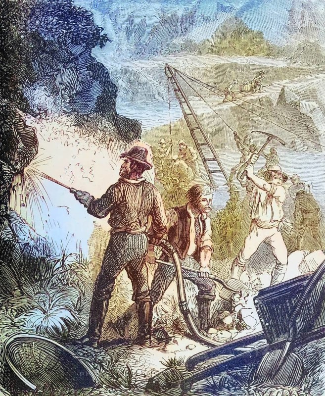 Mining operation in the 1870s, America, digital reproduction from American Pictures, drawn with pen and pencil, coloured, by Samuel Manning, published circa 1880, Historical