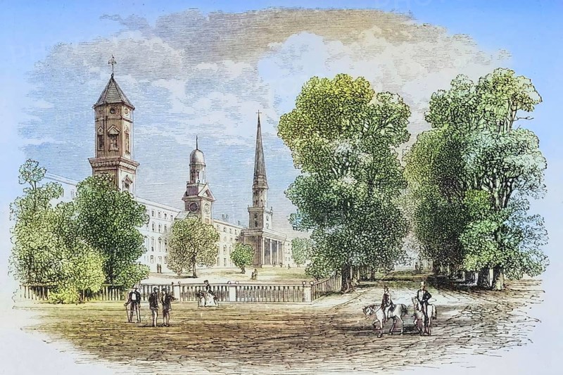 Yale College, New Haven, Connecticut, 1870s, America, digital reproduction from American Pictures, drawn with pen and pencil, coloured, by Samuel Manning, published circa 1880, Historical