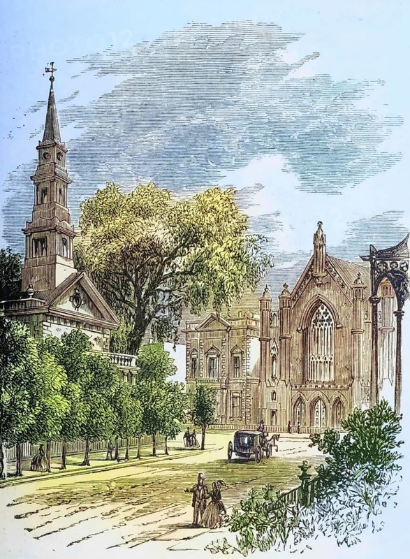 Saint Mark's Church in the Bowery, New York, 1870s, America, digital reproduction from American Pictures, drawn with pen and pencil, coloured, by Samuel Manning, published circa 1880, Historical