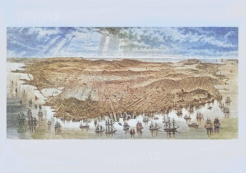 Bird's-eye view of San Francisco, California in 1875, America, digital reproduction from American Pictures, drawn with pen and pencil, coloured, by Samuel Manning, published circa 1880, Historical