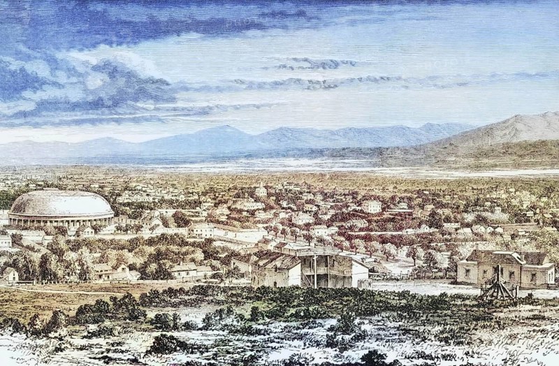 General view of Salt Lake City, Utah, in the 1870s, America, digital reproduction from American Pictures, drawn with pen and pencil, coloured, by Samuel Manning, published circa 1880, Historical