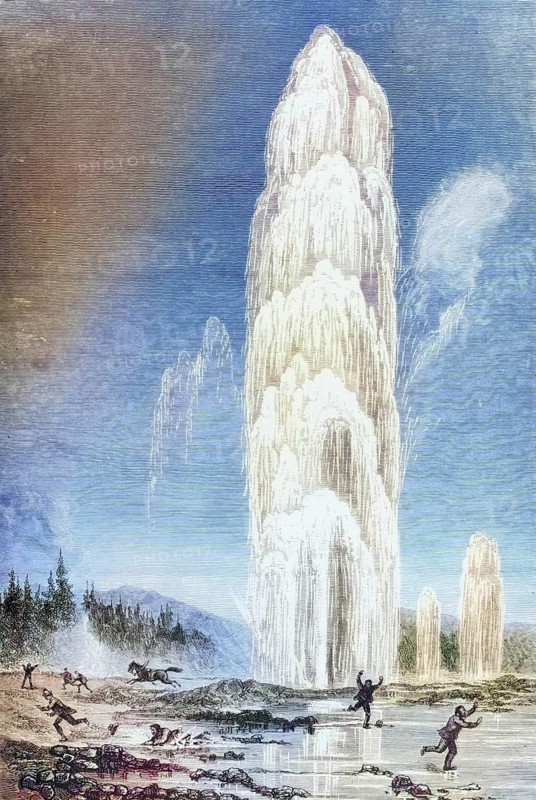 Giantess Geyser in Yellowstone National Park erupts in the 1870s, America, digital reproduction from American Pictures, drawn with pen and pencil, coloured, by Samuel Manning, published circa 1880, Historical