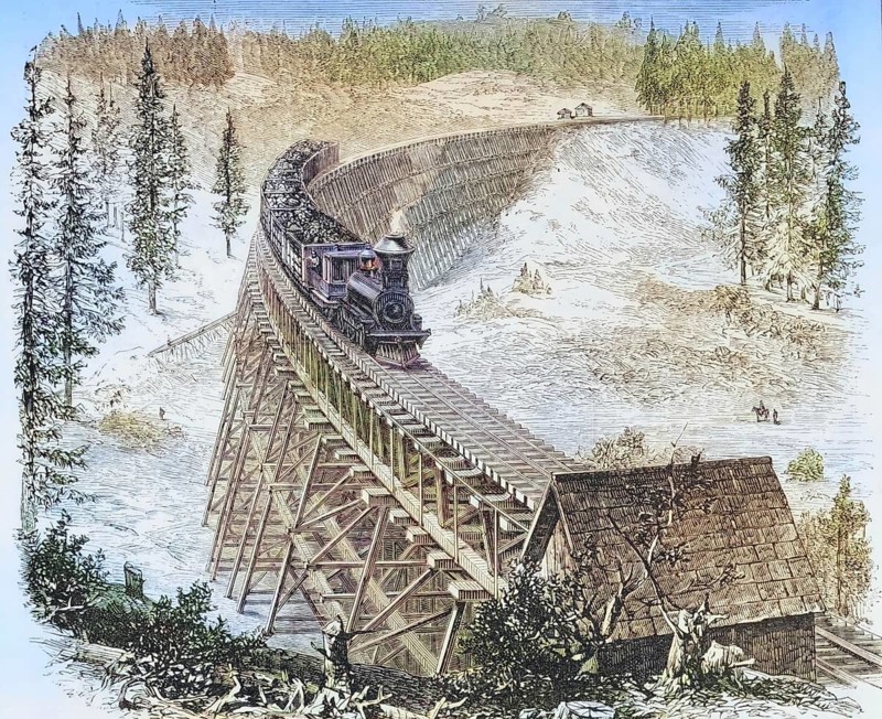 Trestle Bridge of the Central Pacific Railroad in the 1870s, America, digital reproduction from American Pictures, drawn with pen and pencil, coloured, by Samuel Manning, published circa 1880, Historical