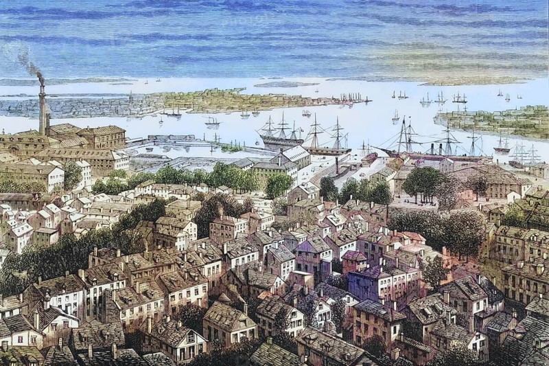 View of Boston, Massachusetts, from Bunker's Hill in the 1870s, America, digital reproduction from American Pictures, drawn in pen and pencil, coloured, by Samuel Manning, published circa 1880, Historical