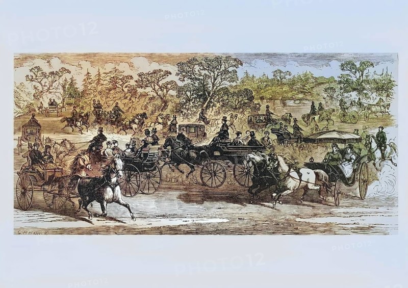 Carriages in Central Park New York in the 1870s, America, digital reproduction from American Pictures, drawn with pen and pencil, coloured, by Samuel Manning, published circa 1880, Historical