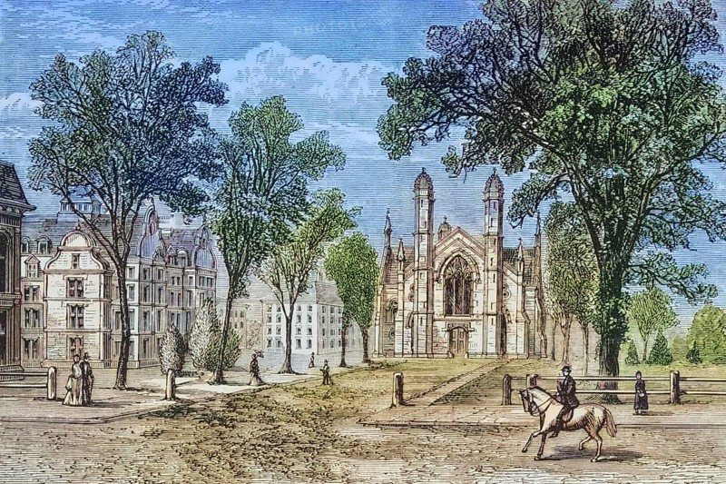 Gore Hall at Harvard College, Cambridge, Massachusetts, in the 1870s, America, digital reproduction from American Pictures, drawn in pen and pencil, coloured, by Samuel Manning, published circa 1880, Historical