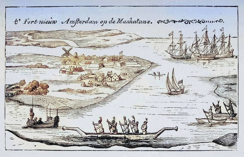 Fort and settlement of New Amsterdam on Manhattan Island in the 1620s, America, digital reproduction from American Pictures, drawn in pen and pencil, coloured, by Samuel Manning, published circa 1880, Historical