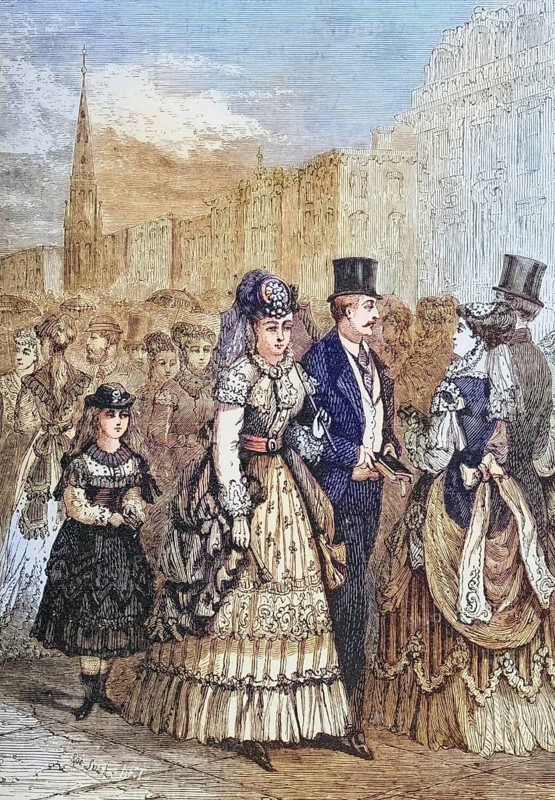 Crowds of people strolling along Fifth Avenue in New York in the 1870s, America, digital reproduction from American Pictures, drawn with pen and pencil, coloured, by Samuel Manning, published circa 1880, Historical