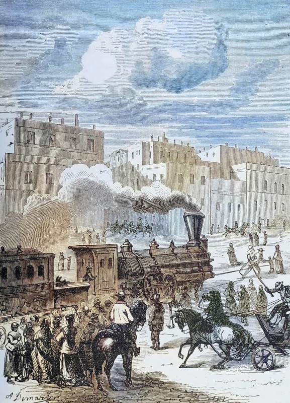 Street scene in San Francisco, California, c. 1870, America, digital reproduction from American Pictures, drawn with pen and pencil, coloured, by Samuel Manning, published c. 1880, Historical