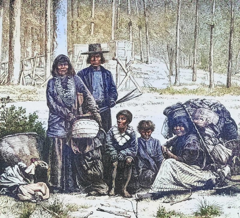 Indian family group west of the Rocky Mountains around 1820, America, digital reproduction from American Pictures, drawn with pen and pencil, coloured, by Samuel Manning, published circa 1880, Historical