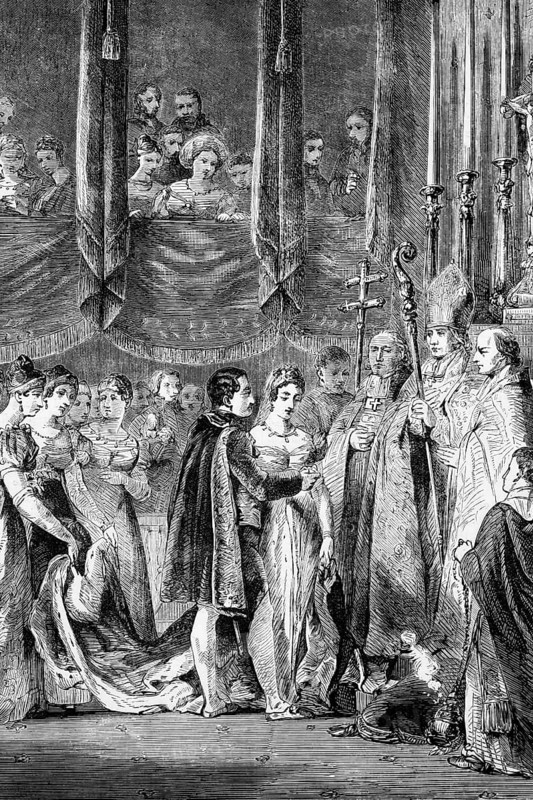 The wedding of Emperor Napoleon I to Marie Louise, the daughter of Francis I, Emperor of Austria, in February 1810 in the Salon Carre Chapel in the Louvre, Paris, France, digital reproduction of a historical original