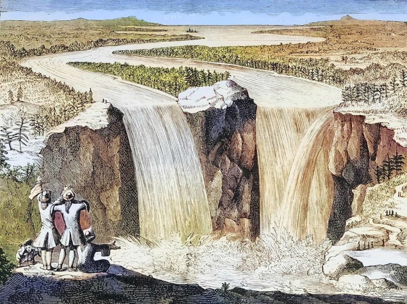 Copy of Father Hennepin's sketch of Niagara Falls from 1677, redrawn in the 1870s, America, digital reproduction from American Pictures, drawn in pen and pencil, coloured, by Samuel Manning, published circa 1880, Historical