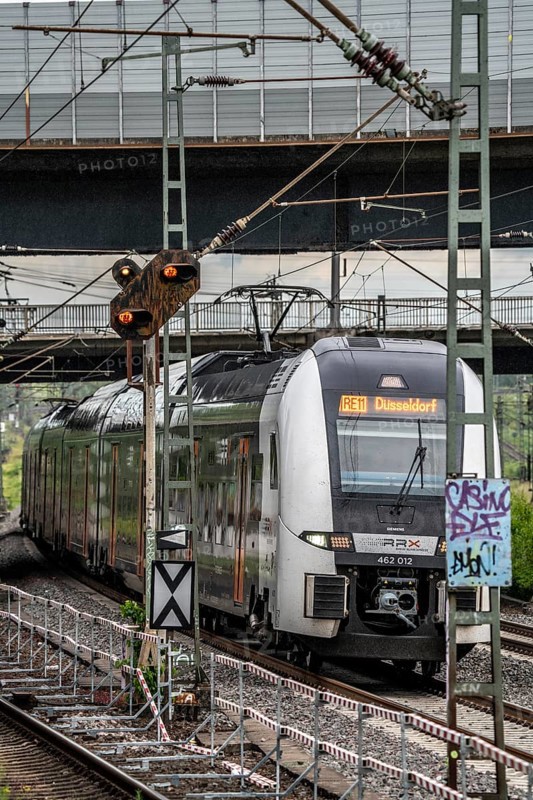 RE11, RRX, Rhein-Ruhr-Express, Regional Express, by National Express, train on the line between Bochum and Dortmund, at Dortmund-Marten, multi-track line for local and long-distance transport, Dortmund, North Rhine-Westphalia, Germany