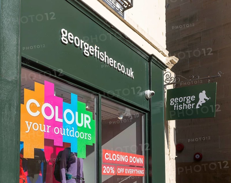 George Fisher outdoor clothing shop store closing down sale, Abbeygate Street, Bath, north east Somerset, England, UK