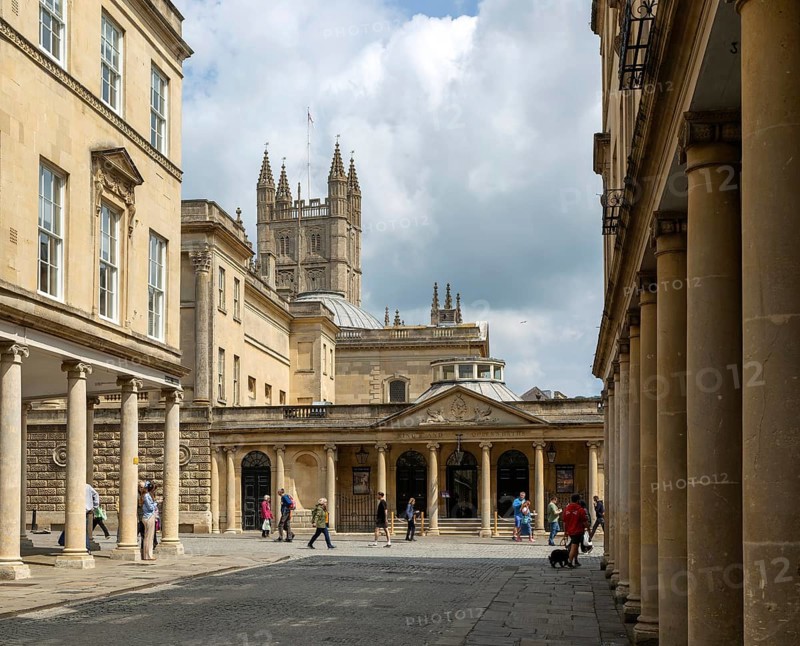Georgian style buildings with colonnades, Bath Street, city of Bath, north east Somerset, England, UK
