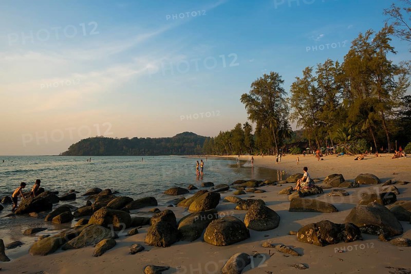 Sandy beach beach with coconut palms, Khlong Chao Beach, sunset, Koh Kood, Koh Kut, Gulf of Thailand, Thailand