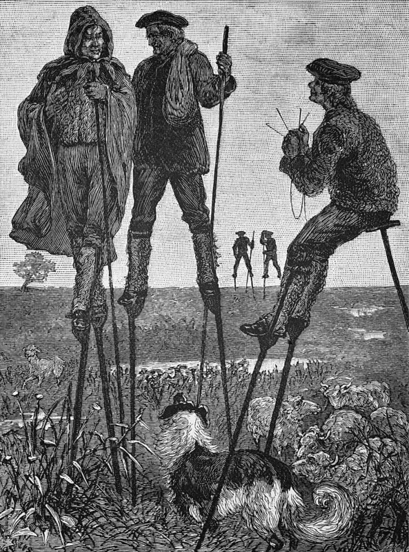 Shepherds on stilts, Landes district, around 1870, south-east France, digital reproduction of a historical model