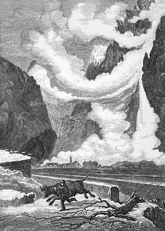 An avalanche in the Alps, around 1870, Switzerland, digital reproduction of a historical model