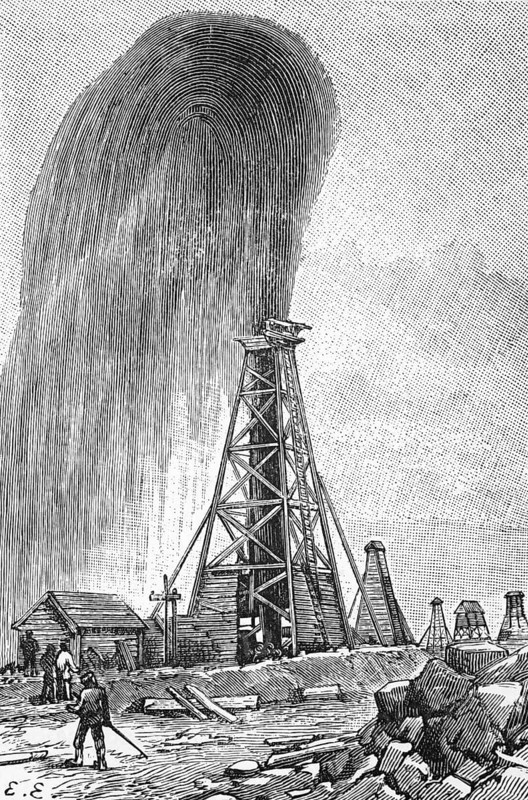 Oil strike at an oil well in Baku, around 1870, Azerbaijan, digital reproduction of a historical original