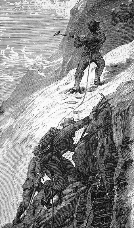 Mountaineer on a rock face, around 1870, Switzerland, digital reproduction of a historical model