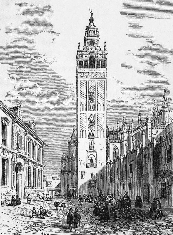 The Giralda and the cathedral, Seville, around 1870, Spain, digital reproduction of a historical model