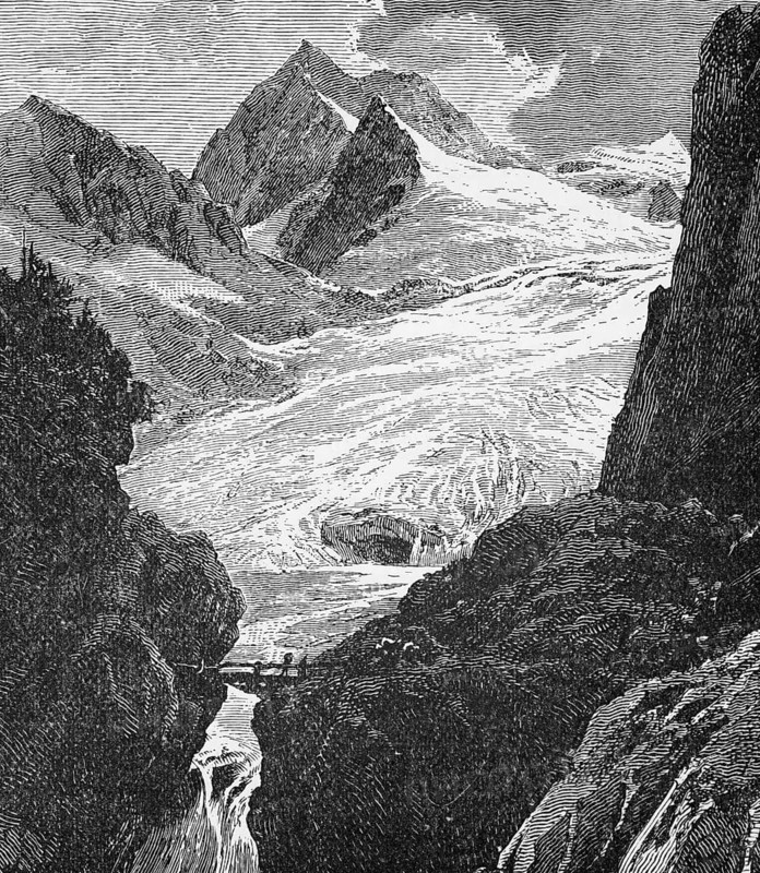 Distant hikers crossing a bridge, the Alps, around 1870, Switzerland, digital reproduction of a historical original