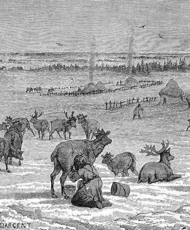 Herding reindeer, a village scene in Lapland, around 1870, Sweden, digital reproduction of a historical model
