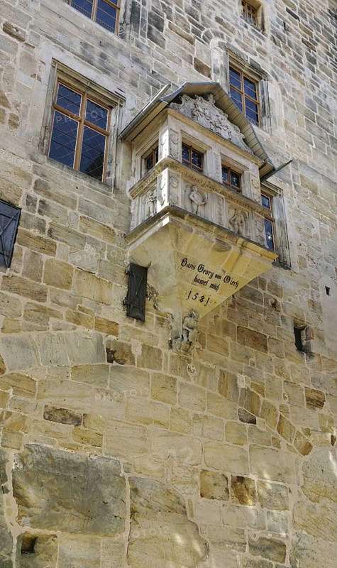 Thurnau Castle, inner courtyard, prayer ornament on the bower, Kulmbach district, Upper Franconia, Bavaria, Germany