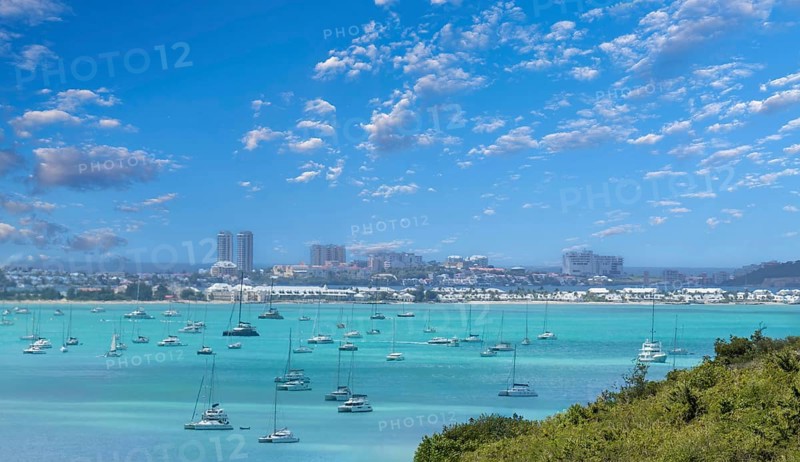 Caribbean cruise vacation, panoramic skyline of Saint Martin island from Pic Paradis lookout