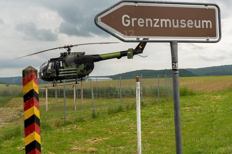 Schifflersgrund border museum memorial on the former border between the FRG and the GDR, information sign, military helicopter, border post, field, forest, Bad Sooden-Allendorf, Hesse, Asbach-Sickenberg Thuringia, Germany